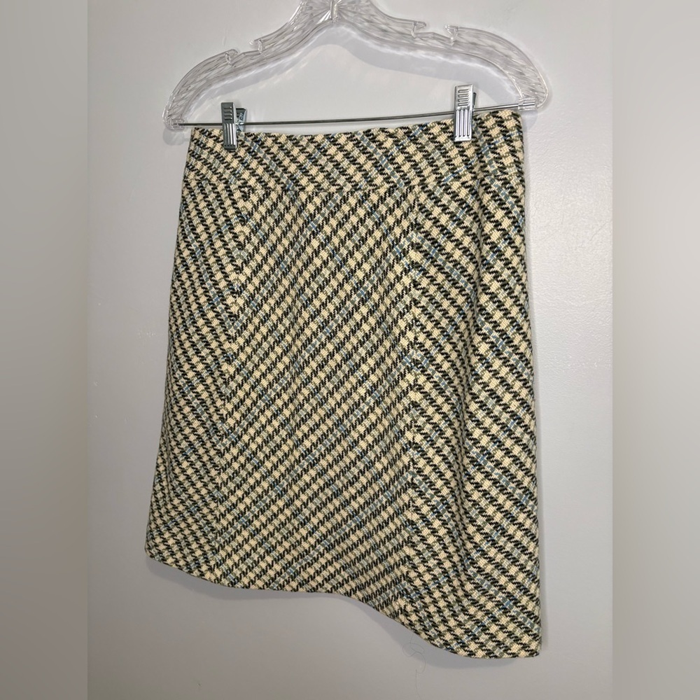 Ann Taylor Women’s Size 4 Skirt Wool-Blend Lined Cream Green Blue Houndstooth - Picture 5 of 16